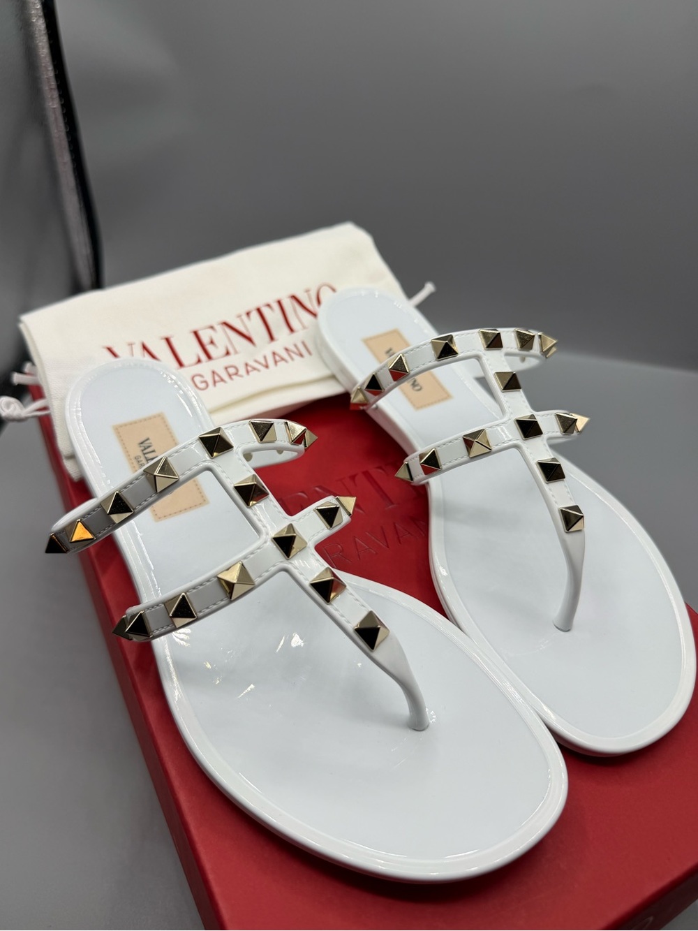 Valentino Garavani White Patent Rockstud Triple-Strap Thong Sandals